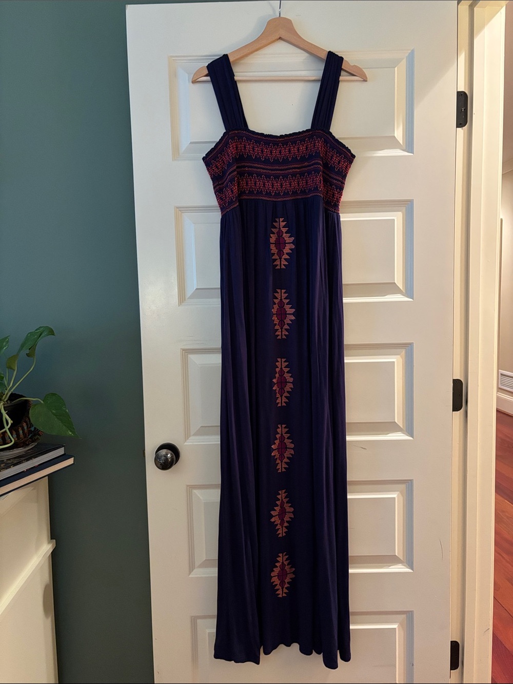 Embroidered Navy Maxi Dress with Wide Straps